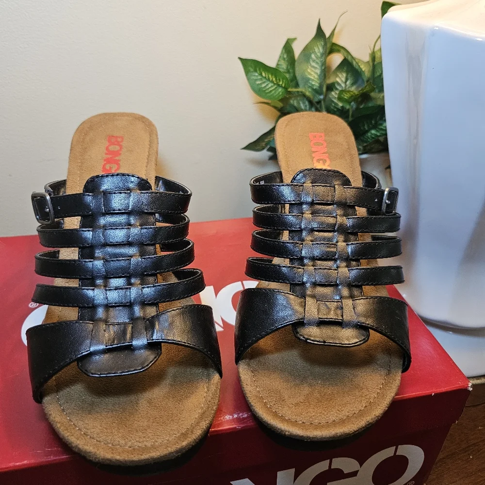 Bongo‎ Toya Black Heel Sandals Slip On Strappy Peep Toe Dressy Casual